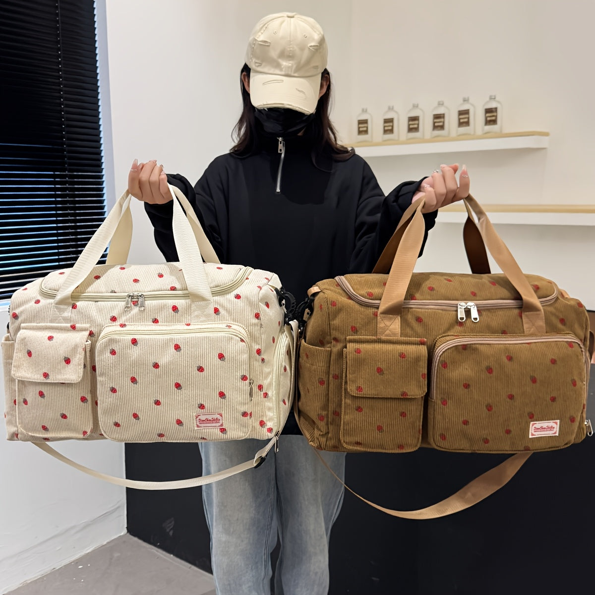 A Large-Capacity Corduroy Travel Bag with a Strawberry Print, Featuring Multifunctional Wet And Dry Separation, an Independent Shoe Compartment, Suitable for Vacations, Outings, School Returns, Crossbody Use, And Gym Activiti